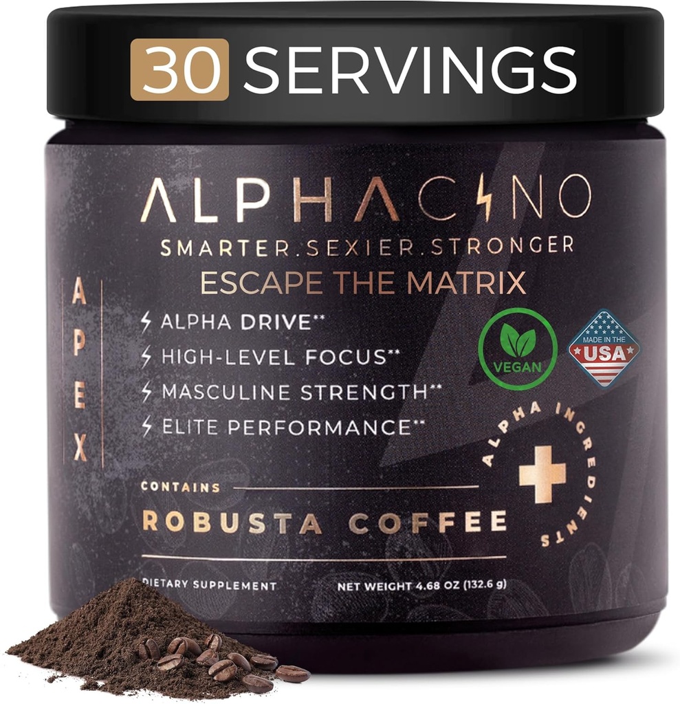 Alphacino Apex Instant Mushroom Coffee - Black Maca Ashwagandha + Energy Drink Powder for Men, Ideaal voor spieropbouw groei, Sharp Focus & uithoudingsvermogen, Heren Energy Powder Drink Mix, S7-30SV (4.68 oz)