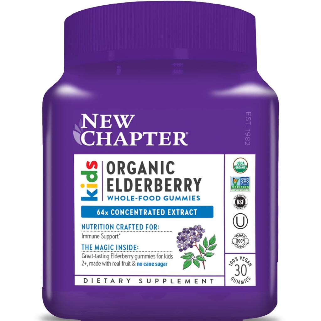 Nieuw hoofdstuk Vlierbessen Gummies voor kinderen 2+, USDA Biologische,64x Geconcentreerde Pure Vlierbessen voor Immune Support,Grote Proeverij Whole-Food Gummies, Vegan & Non-GMO, 30 ct