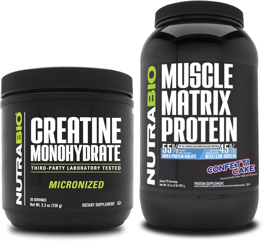 NutraBio Creatine Monohydraat, Unflavored, (150 g) en Muscle Matrix Protein Powder, (Confetti Cake) Supplement Bundle 