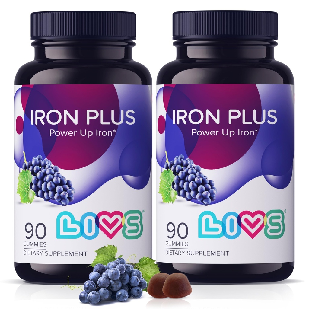 LIVS Iron Supplement for Women & Men with Vitamin C, A, B3, B5, B6, B12, Biotin, Zink & Folate, Gluten Free Chewable Supplement as Gummy for Energy Boost & Anemia Support - 180 Tel.