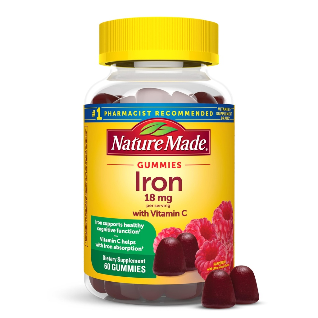 Nature faite de fer 18 mg par portion avec de la vitamine C, supplément alimentaire pour le soutien des cellules du sang rouge, 60 Gummies, 30 jours d'approvisionnement
