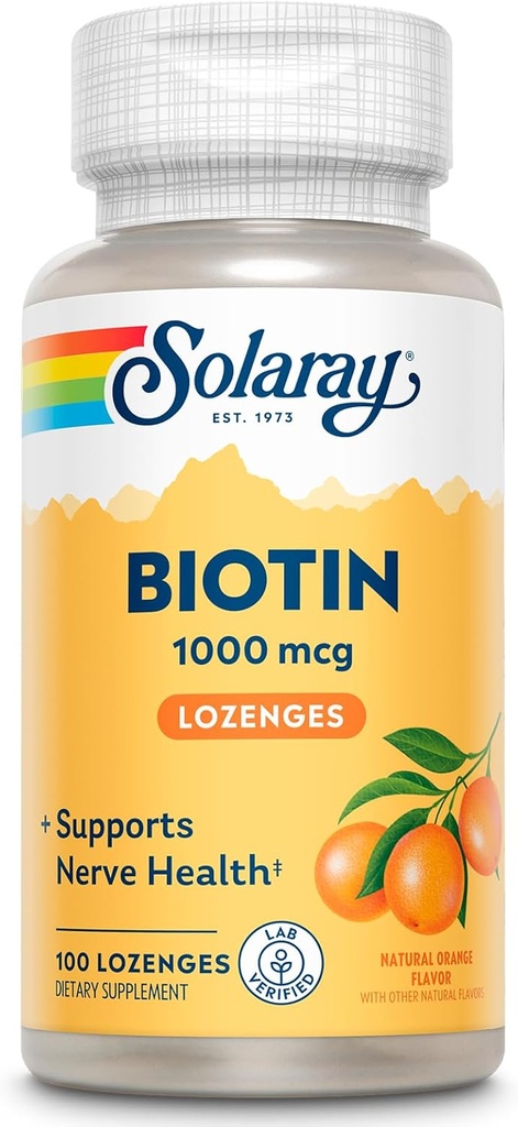 SOLARAY Biotin 1000mcg Lozenges - Biotin Supplement met Vitamine A - Zenuwfunctie en Cellular Energy Ondersteuning - Natuurlijke Sinaasappelsap smaak, Grote Smaak, 60-dagen garantie, 100 porties, 100 Lozen