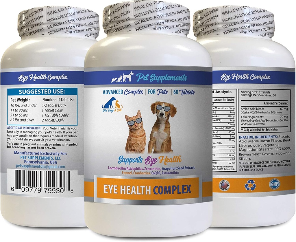 Hondenoog Vitaminen - PET Eye Health Complex - Honden en katten - Ondersteunt Oogzicht - astaxanthine voor honden, Oogzicht Supplement voor honden en katten, Ooggezondheid Vitaminen Luteïne en zeaxanthine 1Bot 60Tabs