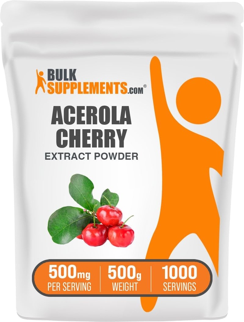 BulkSupplements.com Poudre d'extrait de cerise d'acérola - supplément naturel de vitamine C, poudre de cerise d'acérola - végétalien et sans gluten, 500mg par portion, 500g (1,1 lb) (paquet de 1)