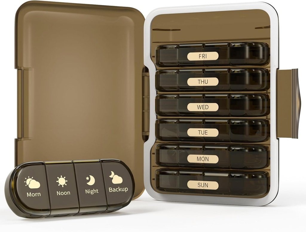Wekelijkse pil Organizer 4 keer per dag, 7 dagen pil Box 4X, Draagbaar voor de reis pil geval voor pillen/Vitamine/Visolie/Medicatie/Suplements (4x7 Bruin)