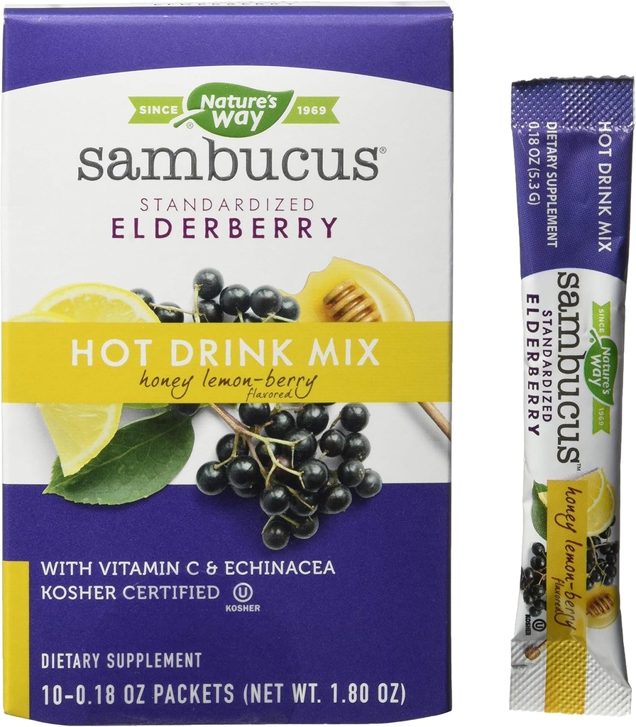 Nature's Way Nature's Way Sambucus Soothing Vlierbes Hot Drink Mix, met vitamine C & Echinacea, 10 Telling, Honey Lemon-Berry smaak, 10 Tellen (Pack van 12)