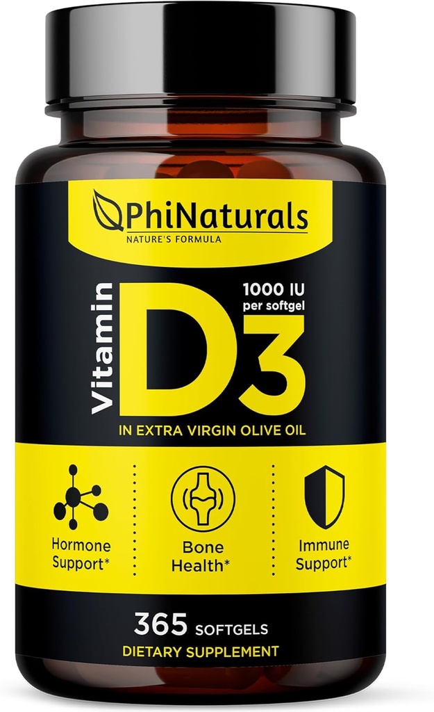 Phinaturals Vitamine D3 1000iu Softgels supplement olijfolie basis 365 Gel Caps een jaar aanbod van VIT D, vitamine D 3 1000 ie