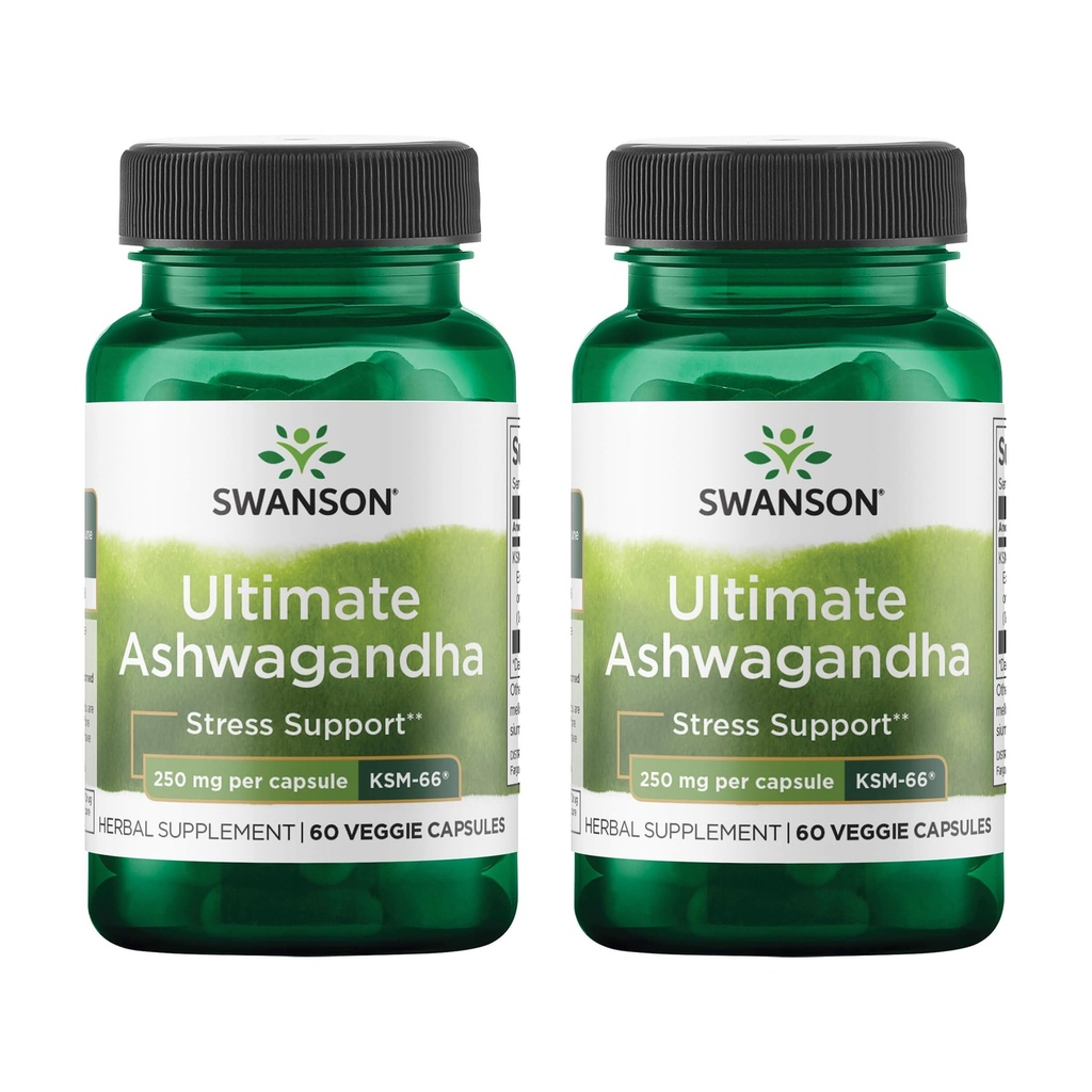 Swanson Ultimate Ashwagandha KSM-66 - Supplément à base de plantes pour soutenir des niveaux de stress et de relaxation sains - Formule naturelle pour promouvoir un mental calme et détendu - (60 Capsules de Veggie, 250mg chacune) (2 Pack)
