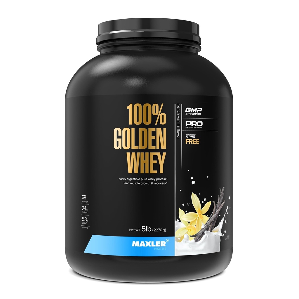 Maxler 100% Golden Whey Protein - 24g proteïne per portie - Premium Wei Proteïne Poeder voor Pre Post Workout - Fast-Absorbing Wei Concentrate Isolaat Hydrolysaat Blend - Franse Vanille Proteïne 5lb