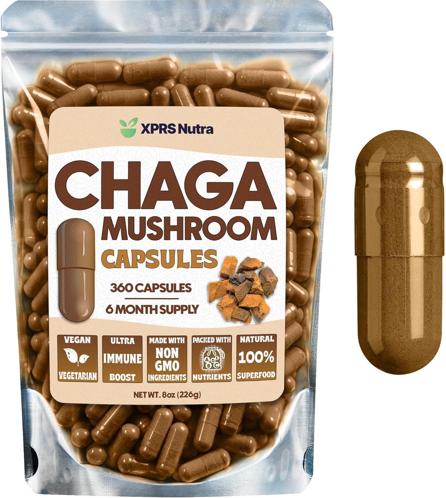 XPRS Nutra Chaga Paddo Capsules - Premium USDA Chaga Paddo Capsules- Encapsulated Chaga Paddo Poeder voor een Immunity Boost - Vegan Friendly Superfood voor Chaga Thee en Dranken - 360 Tellen