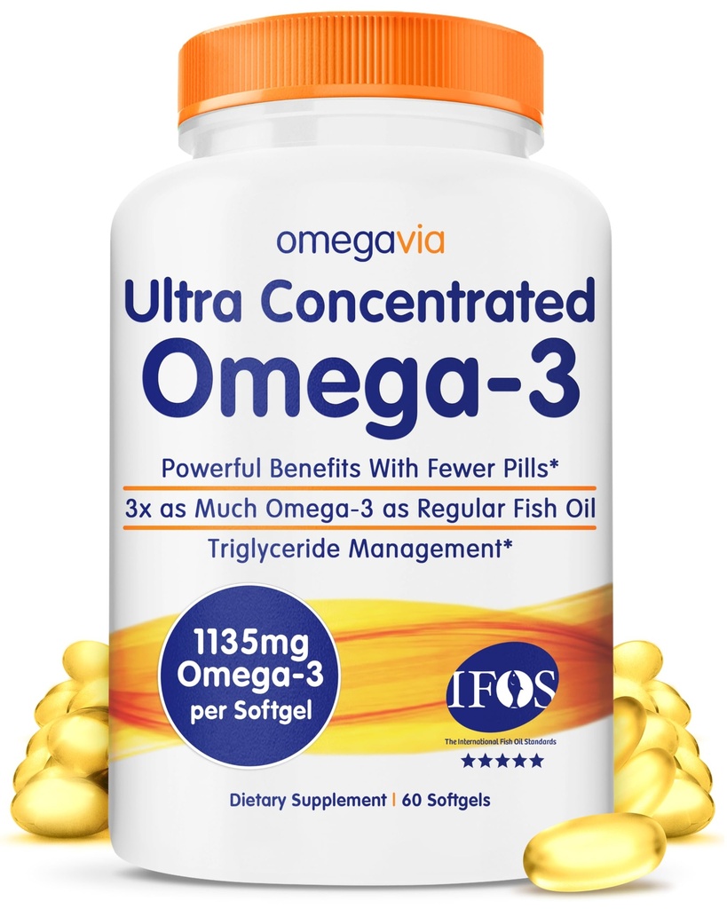 OmegaVia Ultra Geconcentreerde Omega 3 Visolie Burpless, 60 Softgels, Triple Strength Omega 3 Visolie Supplementen, 1135 mg Pure Omega3, Geen Fishy Burps, Hoge EPA DHA DPA, IFOS 5-Star