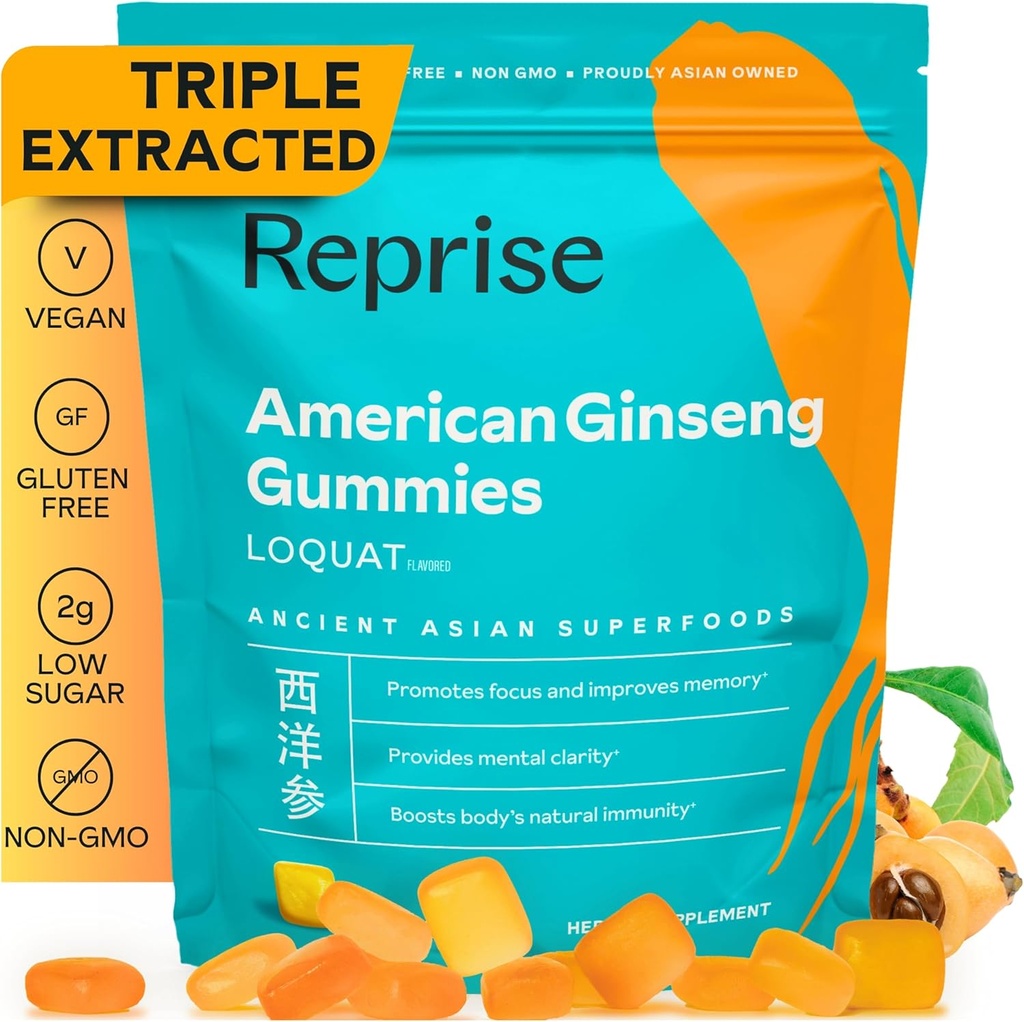American Ginseng Energy Boost Gummies - all-natural full-Potency American Ginseng, helpt bij het verhogen van energie, focus, en biedt Immune Ondersteuning, Low-Sugar, Vegan, 45 Gummies, Loquat Flavor