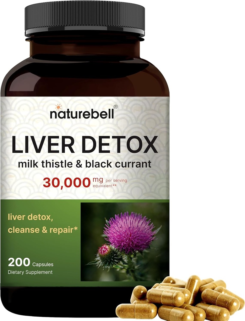 Liver Detox Supplements – 200 Capsules with Milk Thistle 30,000mg & Black Currant | Natural Active Silymarin – Extra Strength 60:1 Extract – Herbal Cleanse & Repair Support – Non-GMO