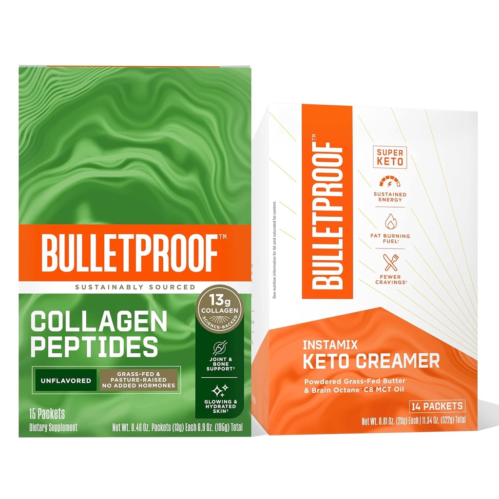 Bulletproof Coffee Duo - InstaMix Keto Coffee Creamer met Grass-Fed Ghee en MCT olie, 14 Pack & Unflavored Collageen Proteïne met 13g Grass-Fed Collageen Peptiden voor huid, botten en gewrichten, 15 Pack