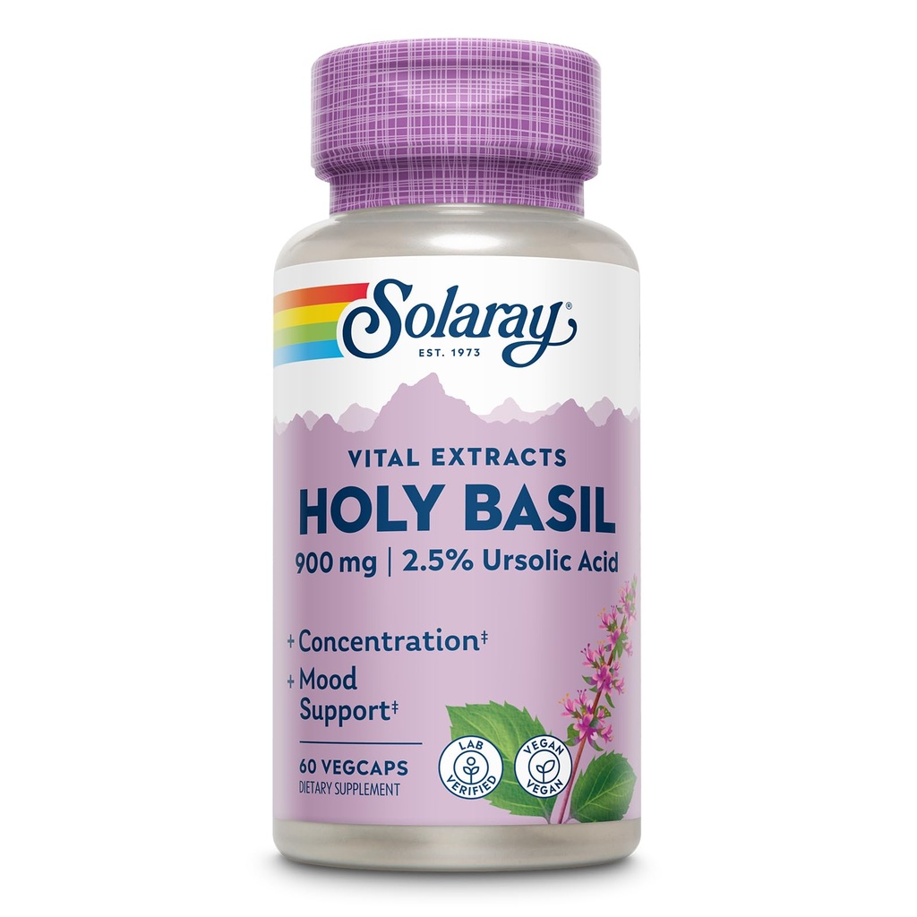 SOLARAY Holy Basil 1000 mg - Tulsi Holy Basil Adaptogen met 2,5% Ursolic Acid - Adrenal Support, Focus, Occasional Stress and Mood Support - Non-GMO, Vegan, Glutenvrij, 60 dagen garantie, 30 porties