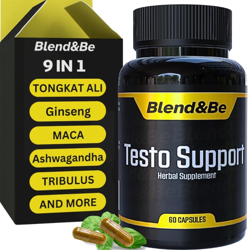 Blend&Be Testo Support, All-in-ONE Kruidendieetsupplement Tongkat Ali, Fenegriek, Ginseng, Maca, Ashwagandha, Spirulina Tribulus, Black Seed en Kaneel.+ ★Free E-Book ★