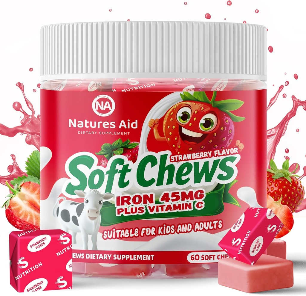 Supplément de fer à croquer pour les femmes et les hommes et les enfants - Flavor aux fraises, Vitamine de fer C Mâche douce pour l'absorption maximale, Fumarate de fer fer, Idéal pour les carences en fer, 2 mois d'approvisionnement