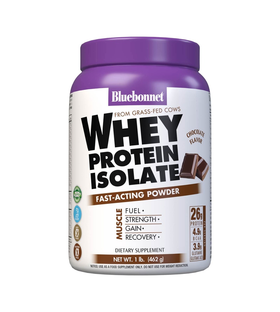 Bluebonnet Voeding Wei Proteïne Isolaat Poeder, Wei Van Grass Fed Koeien, 26g van Proteïne, Geen Suiker Toegevoegd, Glutenvrij, Sojavrij, Kosher Dairy, 1 Lb, 14 Servers, Chocolade Smaak