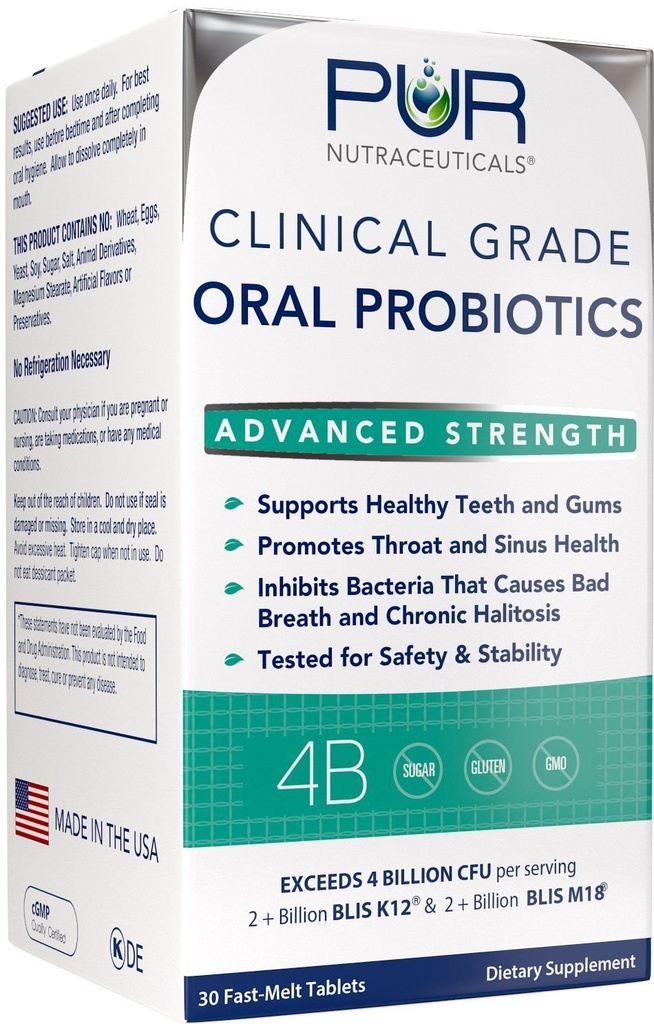 Probiotiques oraux de qualité clinique * 4 milliards d'UFC de BLIS K12® & BLIS M18® * Sans sucre * Aromatisation naturelle de la menthe poivrée * 100% Fabriqué aux États-Unis * Élimine la mauvaise haleine/l'halitose