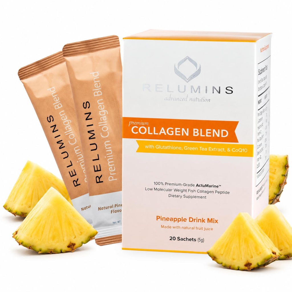 Relumines Marine Collageen Powder Drink Mix - Collageen Peptide met Glutathion, Green Tea, CoQ10, & Hyaluronic Acid Boosts Glowing Skin - 100 Powder Sachets x Ananas Flavored + 10 Gratis Sachets