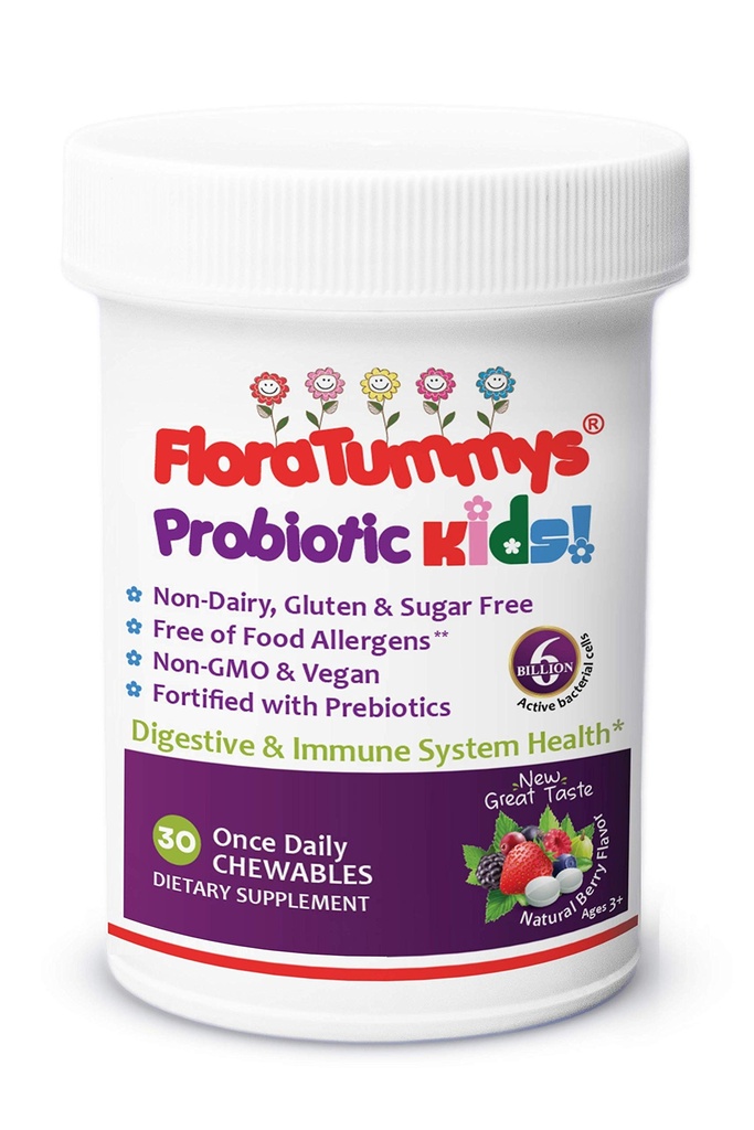 FloraTummy's Kauwbare Probiotische Prebiotica: Niet-Dairy, Gluten & Sugar-Free, Peanut & Soy Free, Non-GMO, Getest & Vrij van voedsel Allergenen, Vegan, Kosher, Berry Flavor(1 Fles)