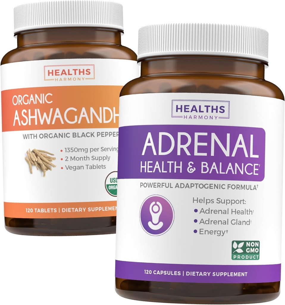 Ashwagandha & Adrenal (2-maand supply) Adrenal Balance Pack - Organic Ashwagandha Natural Adrenal & Cortisol Support (120 Caps) & Adrenal System & Cortisol Manager L-Tyrosine Fatigue Support (120 Cap)