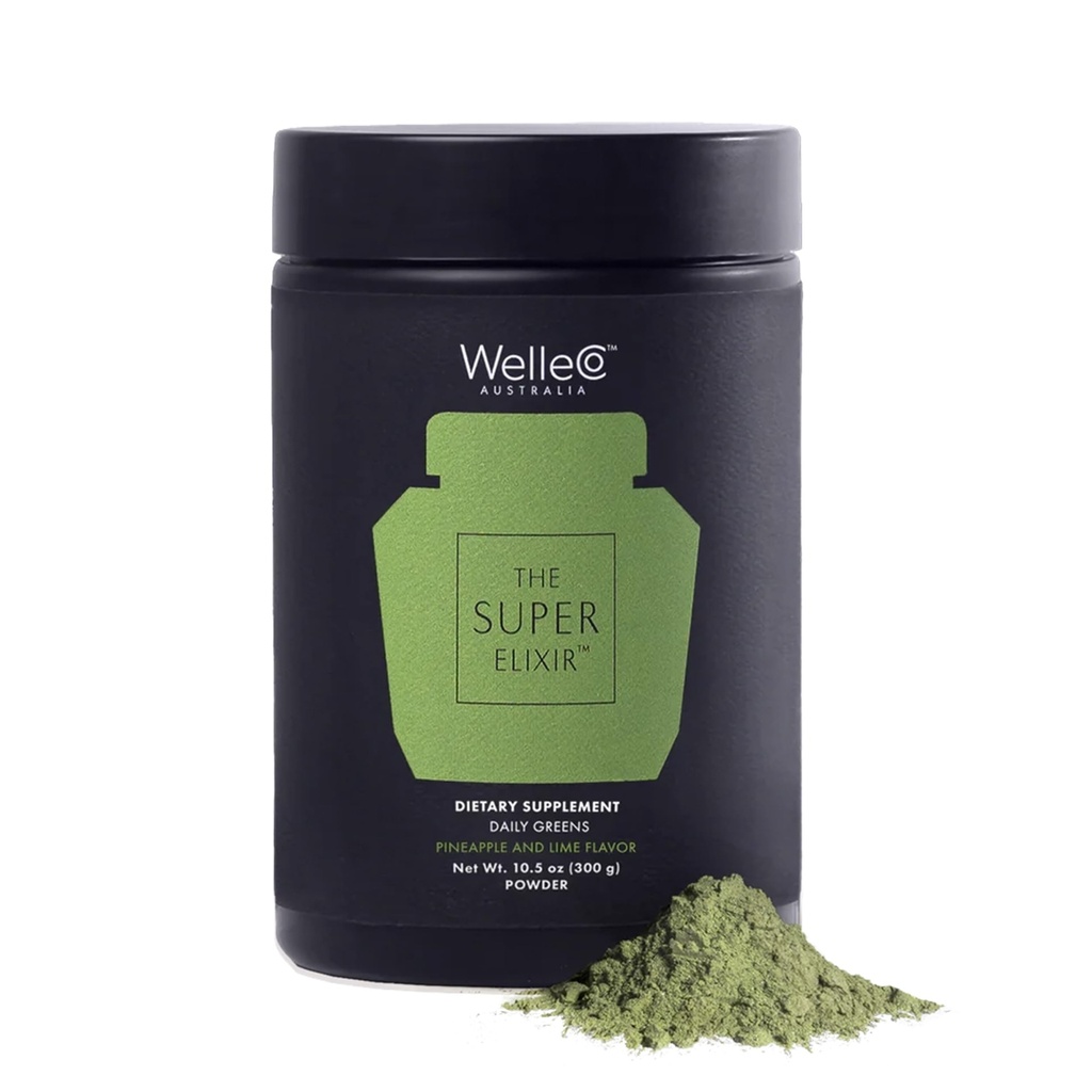 WelleCo La poudre quotidienne Super Elixir Greens, mélange de boissons probiotiques avec des aliments entiers, sans gluten, poudre de santé Gut végétalien, énergie, immunité, peau saine, cheveux et ongles (Jar, ananas et pot de lime)