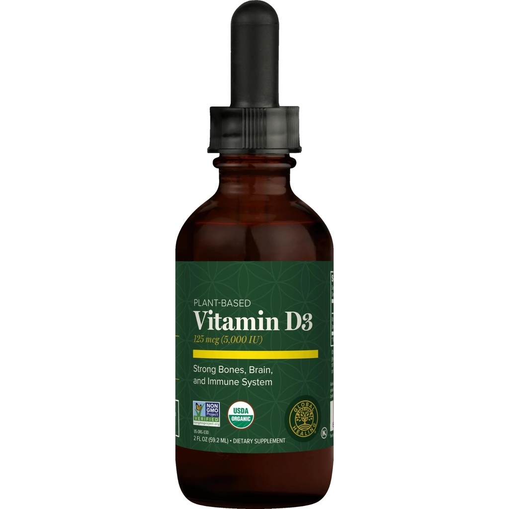 Global Healing Organic Vitamine D3 5000 UI Supplement - Vit D Suppléments Végétaux Vitamine D pour la santé immunitaire et le soutien des os forts - Vit D3 Vit D3 - 2 Fl Oz