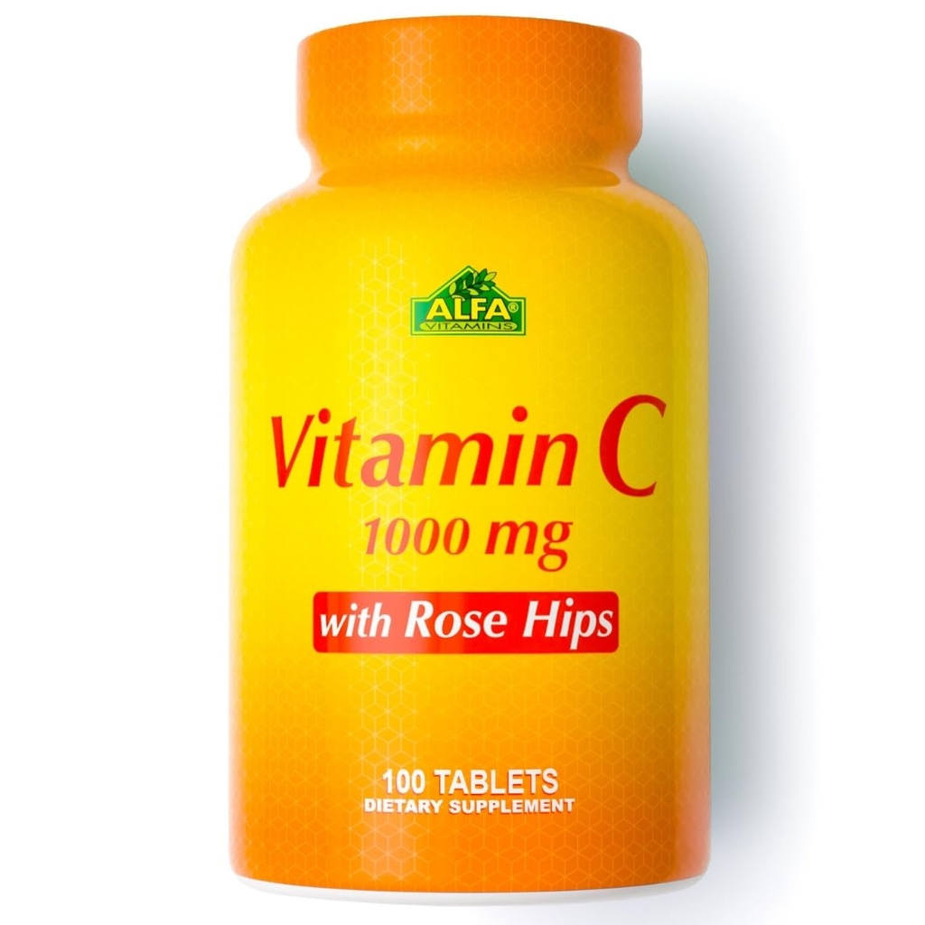 ALFA VITAMINS Vitamine C met Rose HIPS met 1000 mg vitamine C per portie - Antioxidant & Immuun Ondersteuning + Ondersteunt gezonde huid en gewrichten - Niet GGO, Veganistisch, Glutenvrij, Zuivelvrij - 100 Tabletten