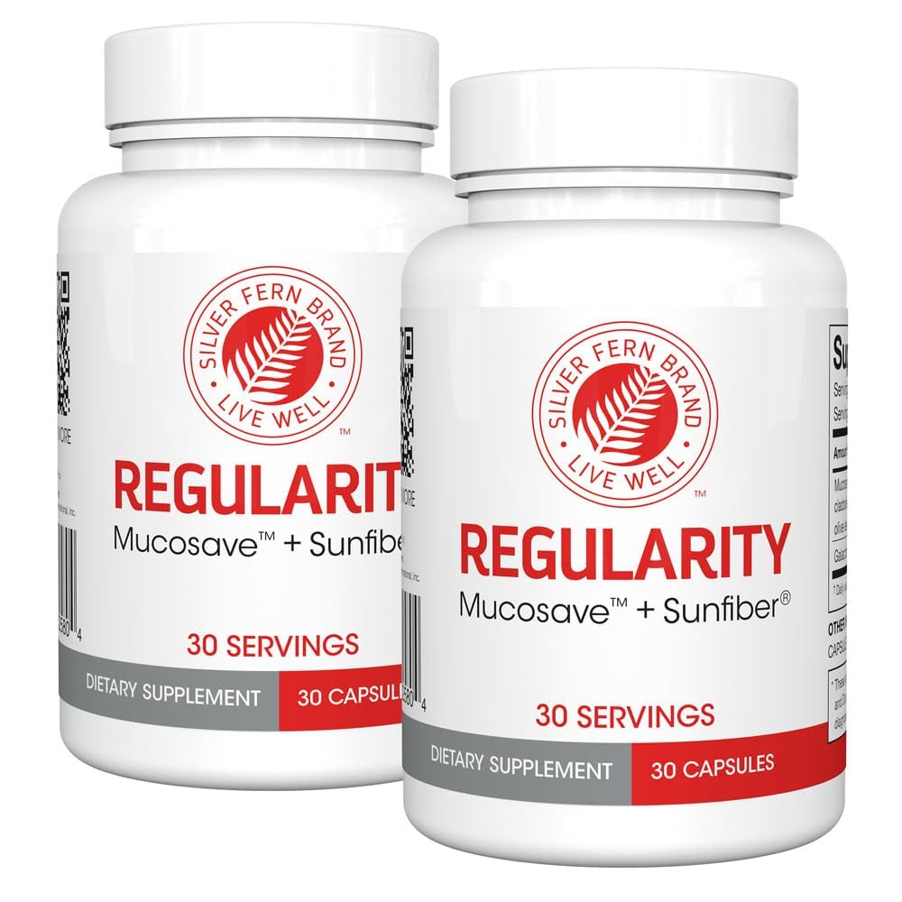 Supplément digestif de la marque Silver Fern Regulatory - 2 bouteilles = 60 capsules = 60 jours d'approvisionnement - Mucosave FG (polysaccharides piquants et polyphénols de feuilles d'olive) et fibre de soleil