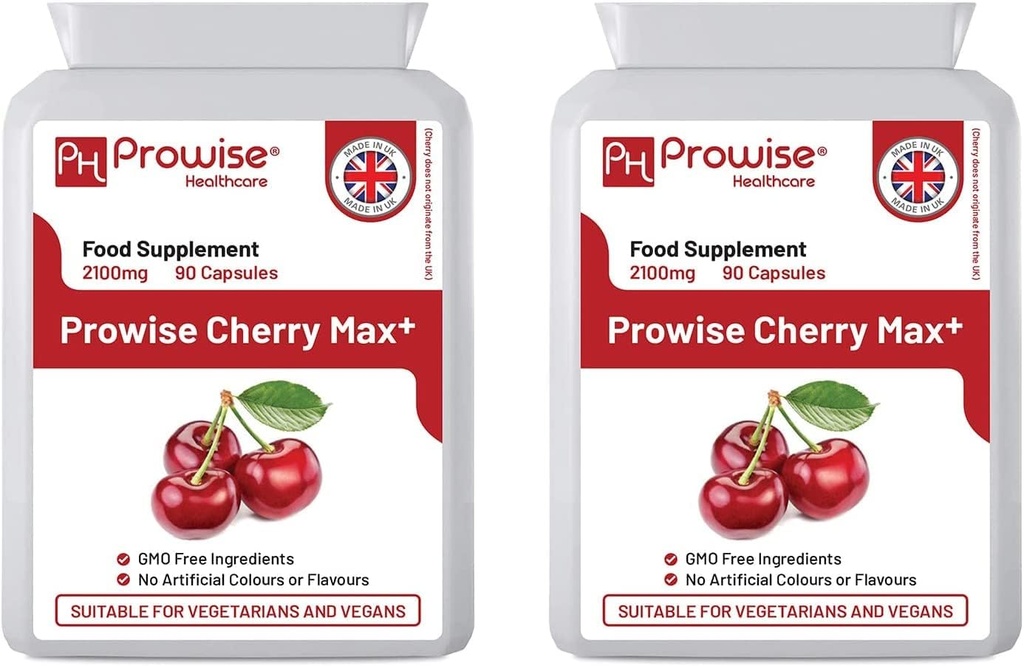 Cerise Max+ (paquet de 2) 2100mg Cerise Montmorency Ajoutée avec Black Cherry I 90 Capsules Vegan High Strength J'ai fabriqué au Royaume-Uni par Prowise Healthcare