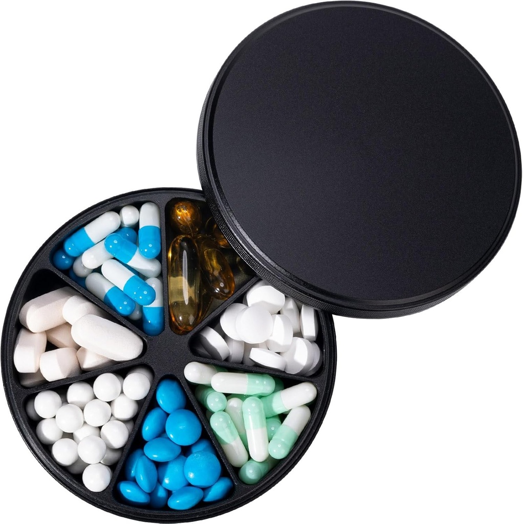 Distributeur de pilules métalliques Organisateur de pilules avec 7 compartiments - Récipient anti-Mix de poids lourd, grand étui quotidien imperméable à la pilule pour vitamine, médecine, supplément, huile de poisson, 0,39lb (noir)