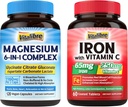 Supplément en fer avec vitamine C 60 Comprimés et 6 en 1 Supplément complexe de magnésium 120 Capsules
