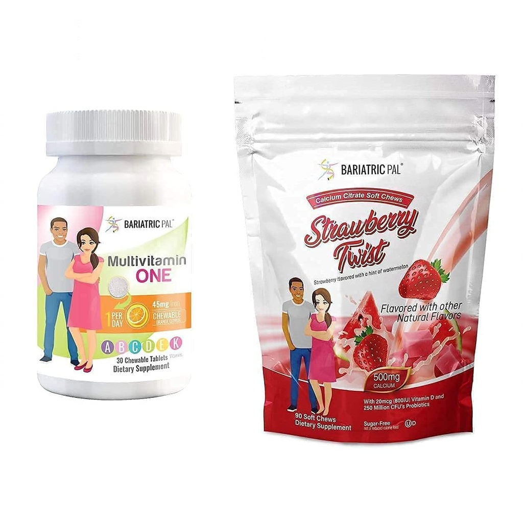 BariatricPal 30 dagen Bariatric Vitamine Bundle (Multivitamine ONE 1 per dag! Kauwbaar met 45mg ijzer - Oranje Citrus en Calcium Citrate Zachte Kauwen 500mg met Probiotica - Aardbei Twist)
