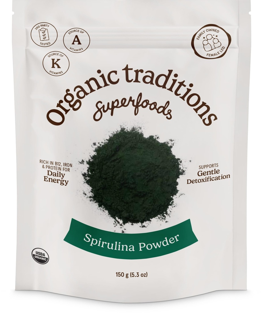 Biologische Tradities Biologische Spirulina Poeder Vegan Non-GMO Superfood, 5.3oz (150g) Zak, 50 porties per zak