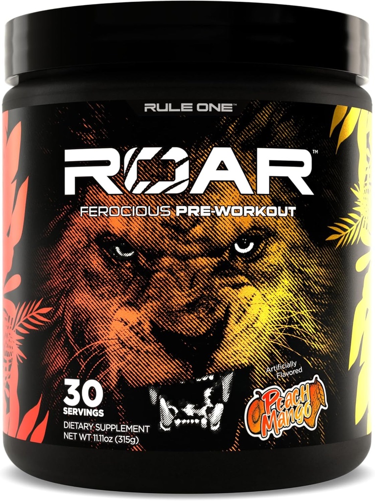 Rule 1 R1 Roar - Pre-Workout Powder with Creatine, Beta-Alanine, Citrulline, Electrolytes & Caffeine (30 Servings, Peach Mango)