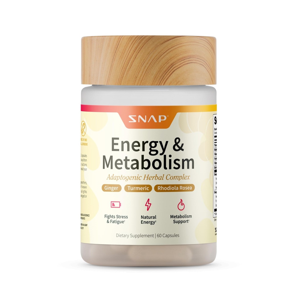 Snap Supplementen Energie & Metabolisme Kruidencomplex voor vermoeidheid, stressverlichting, energiebooster & Better Mood, energiepillen voor vrouwen & mannen, 60 capsules (30 porties, 1 maand levering)