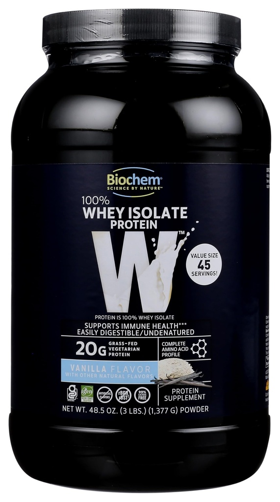 Biochem 100% Wei Isolaat Proteïne Poeder, Vanille Smaak, 20g Grass-Fed Proteïne, Keto Vriendelijk, Glutenvrij, Makkelijk Digestable, Vegetarisch, 48,5 oz, 45 Serven