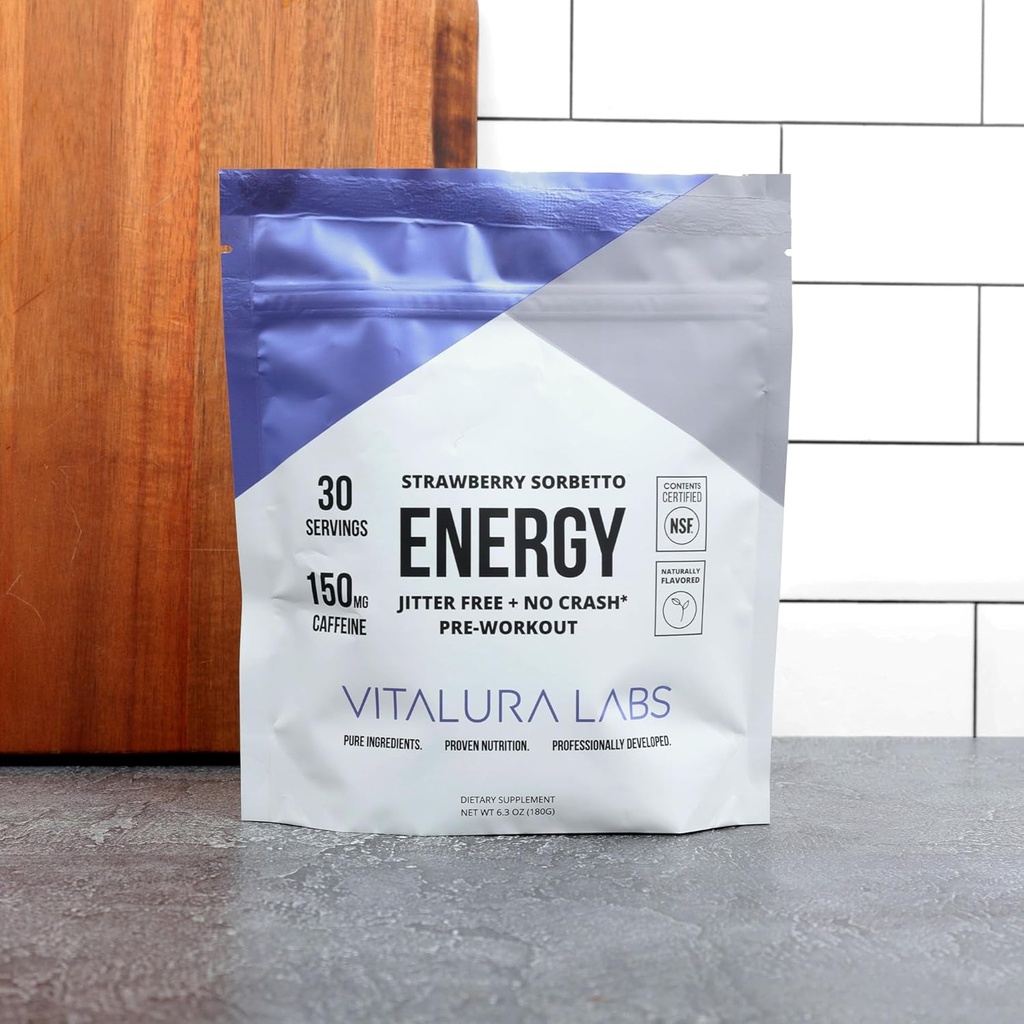 Vitalura Labs Poudre de pré-travail - Caféine, Théacrine, Rhodiola et L-Theanine pour l'énergie et l'endurance - Contenu NSF certifié - Saveur de sorbetto fraise - 30 portions