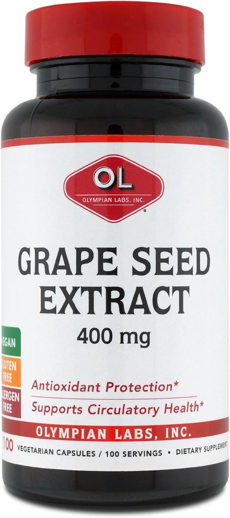 Olympian Labs Grape Seed Extract 400 mg Capsules, 100 Count ondersteuning van de gezondheid van het hart, antioxidant bescherming.