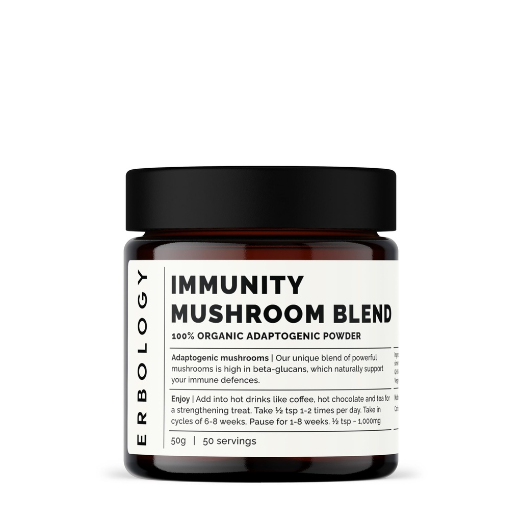Erbologie Complexe de champignons d'immunité biologique 50 portions - Haute en bêta-glucanes - Reishi, Cordyceps, Lion's Mane, Turquie Tail - Sustainablement cultivé en Europe - Vegan - Non-OGM - Pas de remplissage ajouté