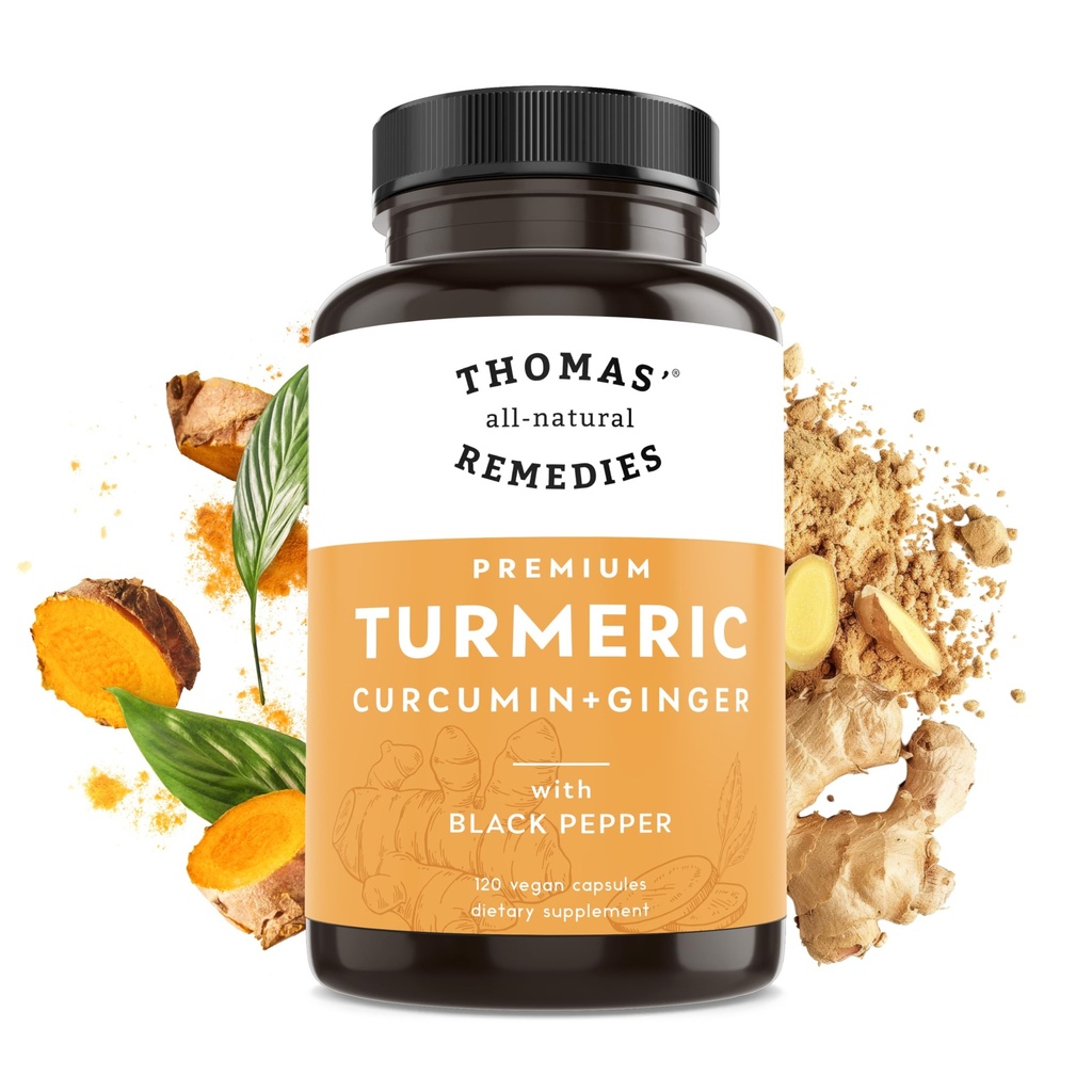 Thomas' all-natuurlijke remedies Kurkuma Curcumin en gember met zwarte peper, Organische Kurkuma Joint Support Supplement- 95% Curcumin - NO fillers, Vegan - 120ct