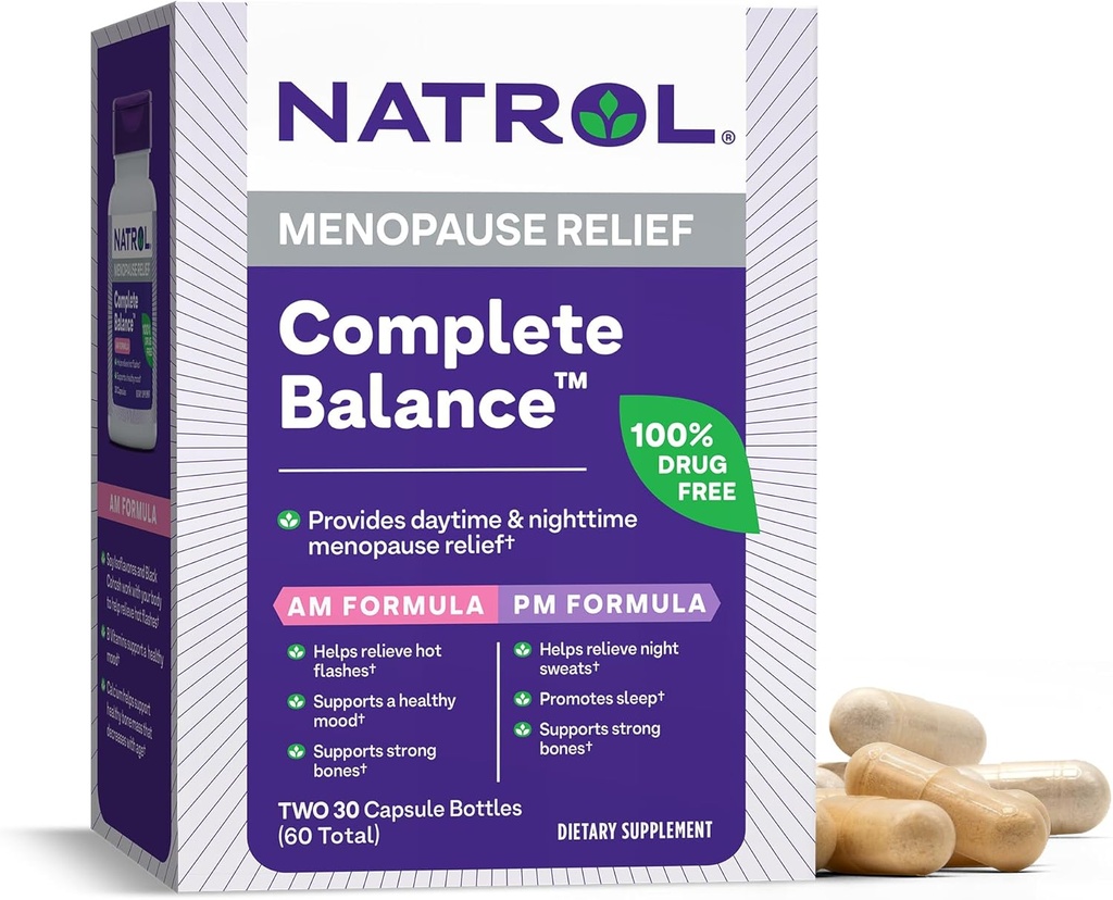 Natrol Complete Balance, complément alimentaire pour le soulagement de la ménopause, A.M./P.M. Ménopause Relief pour les femmes, 60 capsules, jusqu'à 30 jours