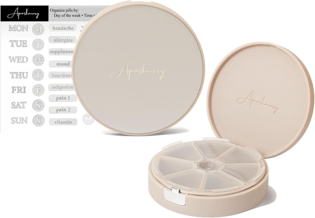 7 Compartments Pill Case, Pill Box, Daily Pill Organizer, Travel Pill Organizer, Medication Organizer, Aanpasbare Pill Dispenser met Label Stickers (Pearl Cream)