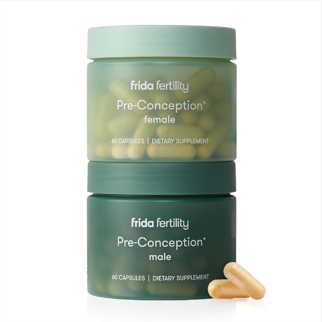 Frida Fertility Pre-Conception Supplement Set, His & Hers Daily Vitamines & Minerals for Fertility, Egg Support & Sperm Health, Folic Acid, Inositol, CoQ10, 60 Capsules Each, 30 Day Supply