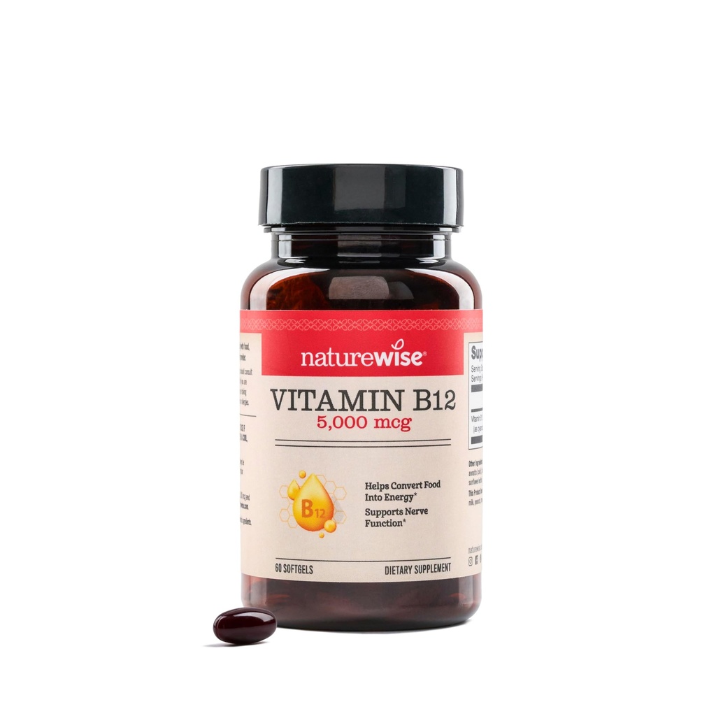 NatureWise Vitamine B12 5000 mcg - Extra sterkte - Supplement voor het ondersteunen van energieniveaus, geestelijke helderheid, zenuwstelsel gezondheid - Gemakkelijk doorslikken, soja en glutenvrije, niet-GMO - 60 Softgels