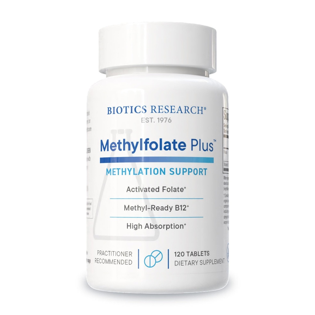 Recherche en biotique MÉTHYLFOLATE PlusTM Méthylfolate, Bioactive Folate + B12, soutient la santé cardiovasculaire, le développement foetal, la santé nerveuse, le soutien à la méthylation, les niveaux d'homocystéine. 120 comprimés