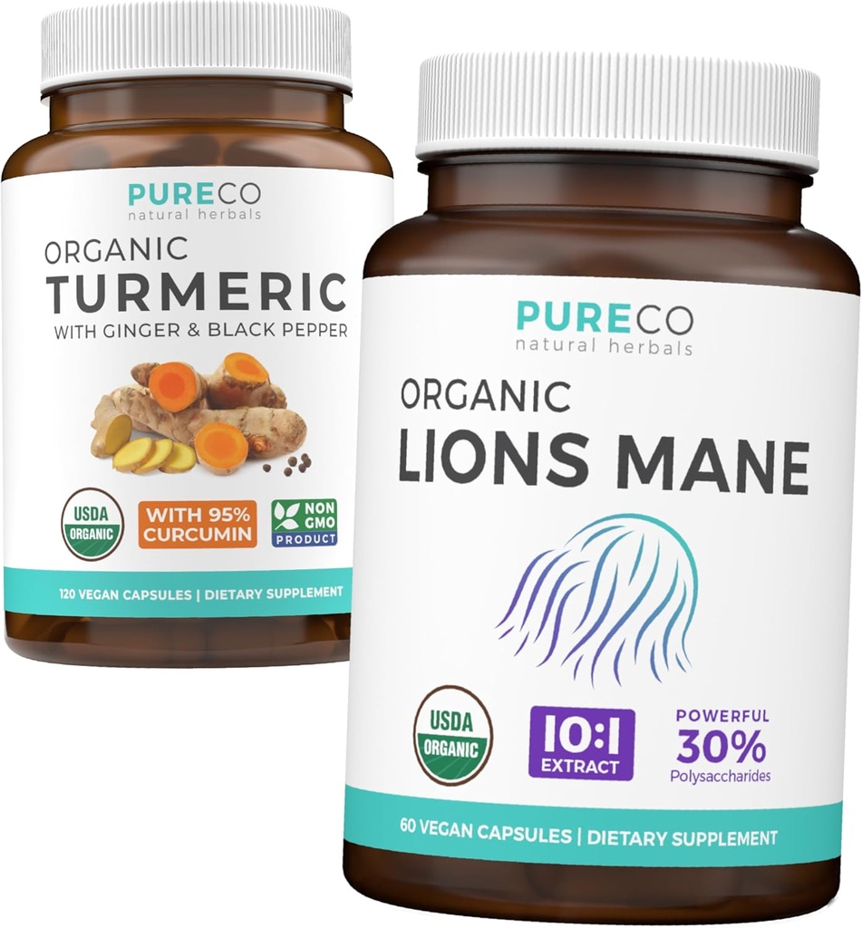 Kurkuma & Leeuwen Mane (1-maand Supply) Mindful Kurkuma bundel van biologische Kurkuma Curcumin met zwarte peper & Ginger (120 Caps) & Biologische Leeuwen Mane Mushroom 10:1 Extract (60 Caps)