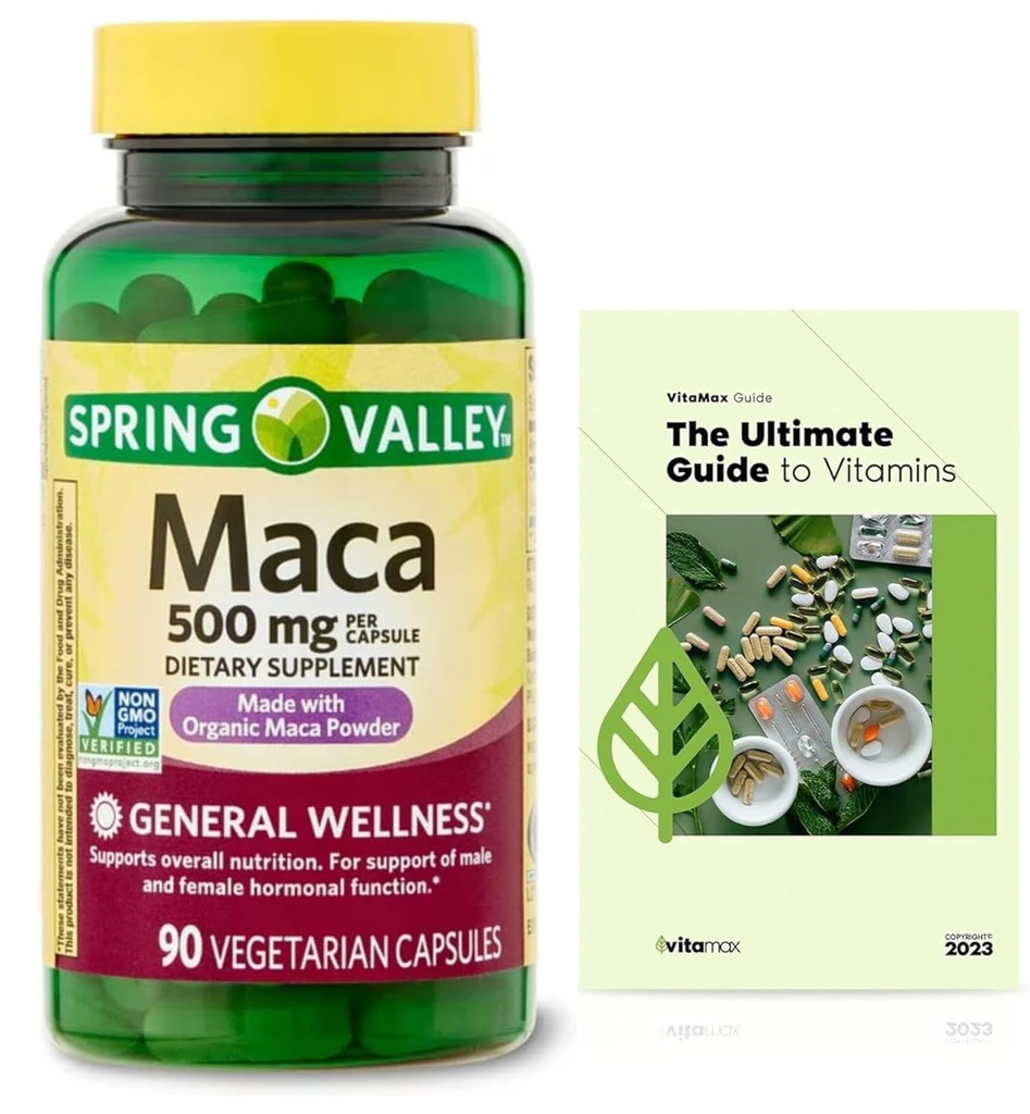 Generieke Spring Valley Maca Root 500mg Capsules, Biologische Maca Root voor vrouwen en mannen + Exclusieve VitaMax Vitamine Gids (2 items)