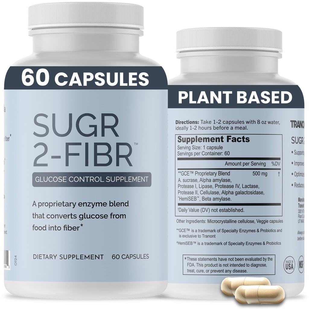 OPTIVIDA Sugr-2-Fibr - Premium Blood Sugar Support Supplement* (60 telling) - Ondersteuning gezonde bloedsuiker niveaus* door het ondersteunen van glucose Metabolisme aan vezel* - Glutenvrij, Niet GGO, Veggie Capsules.